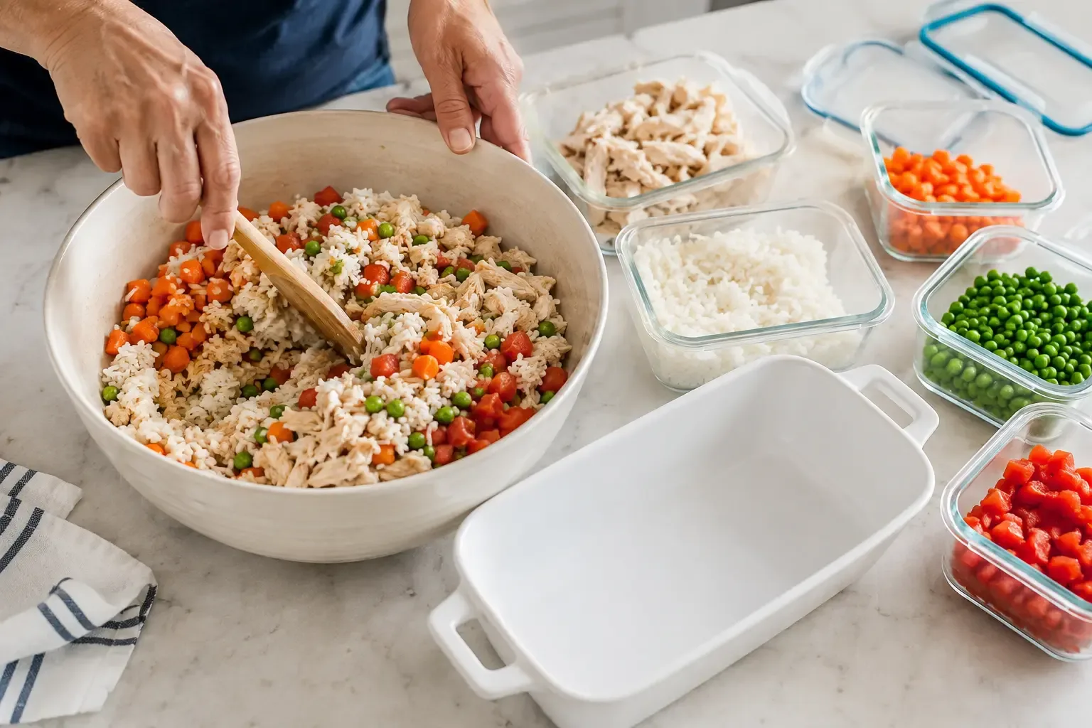 Arroz, frango e legumes sendo misturados antes de ir ao forno