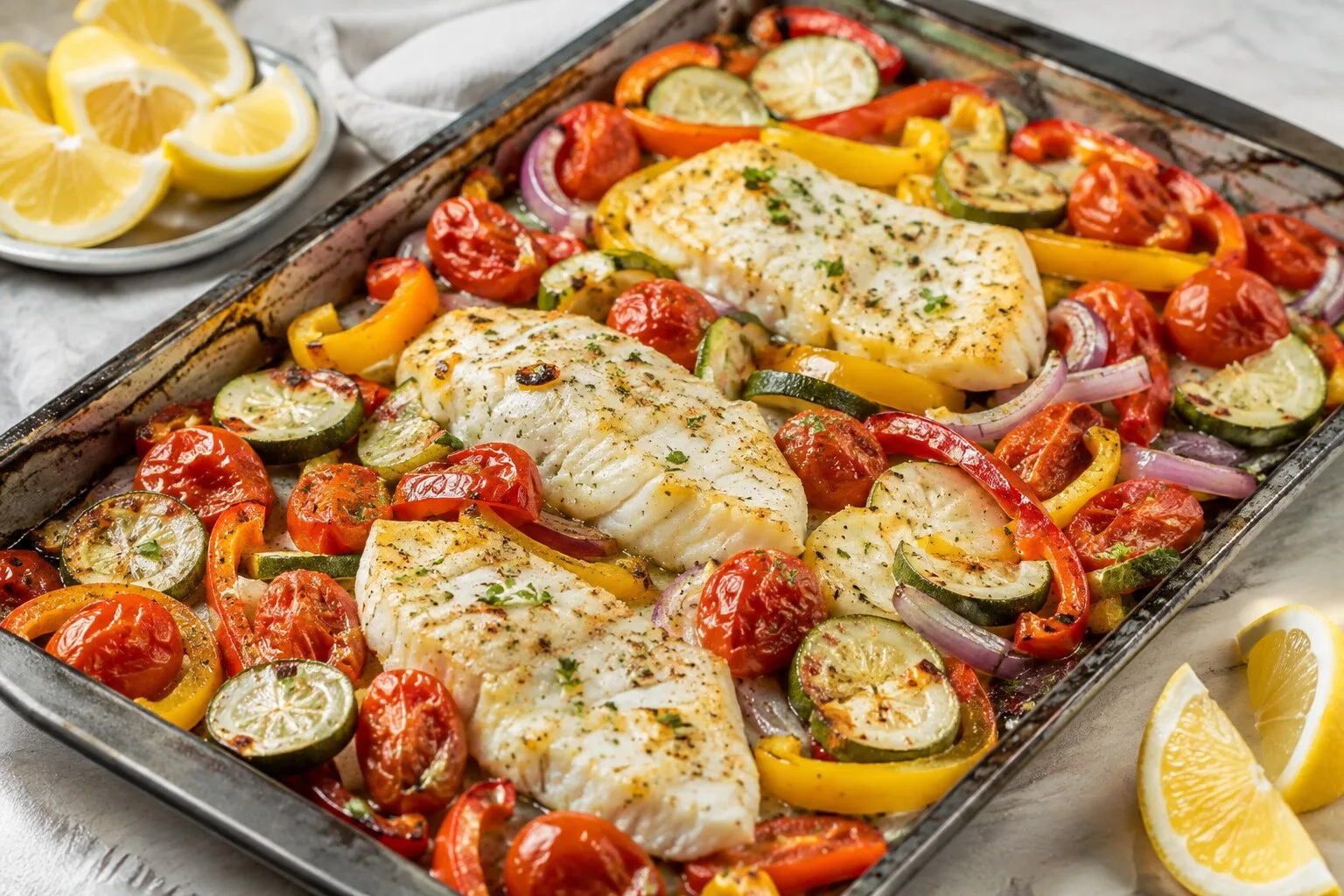 Peixe Assado com Legumes em uma Assadeira