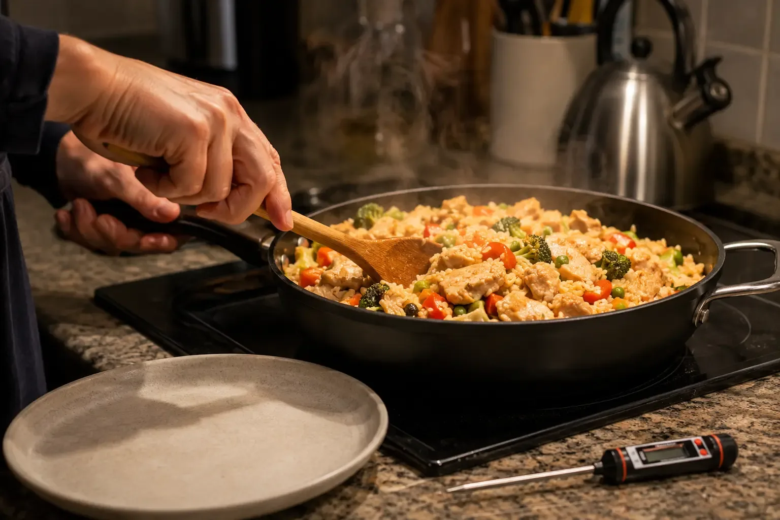 Arroz, frango e legumes sendo reaquecidos em uma panela