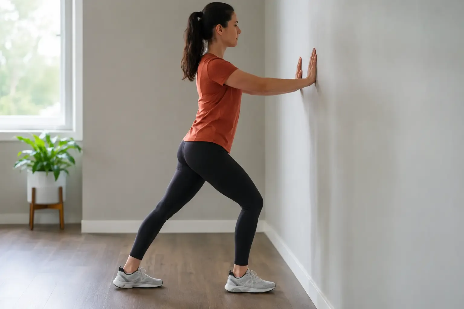Mulher alongando a panturrilha com apoio na parede